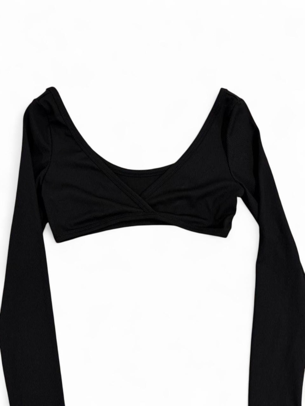 SHEIN Black Ribbed Wrap-Front Long Sleeve Crop Top